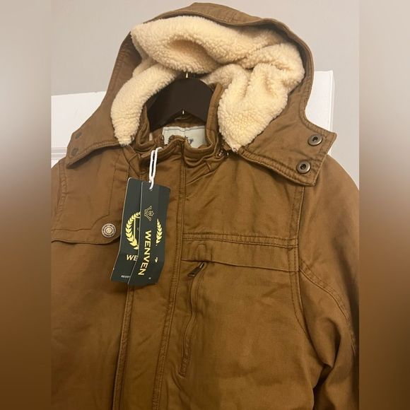 NWT Wenven Winter Cotton Thicken Sherpa Lined Hooded Work Jacket in Brown Size M - Picture 4 of 16